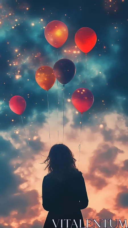 Silhouetted figure observes luminous balloons in a nebular sky