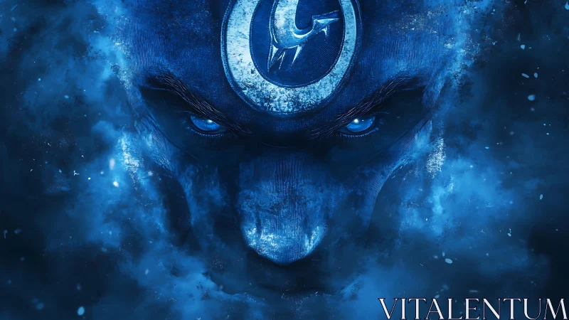 Glacial-eyed guardian rises from swirling cosmic frost mist