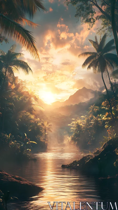 Sunrise river of gold winding through lush dream jungle.