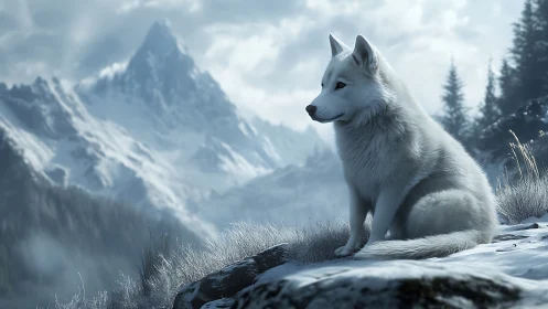 Snowy white wolf resting quietly above misty mountain valley.