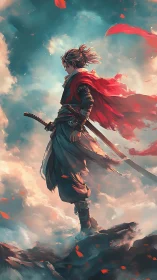 Wind-swept samurai silhouette on aerated cloud ridge apex.