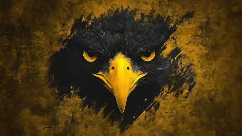 Fierce Eagle Face Digital Art with Grunge Golden Background.