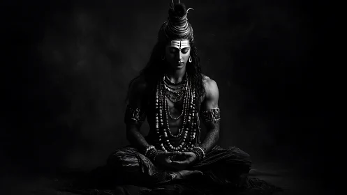 Monochrome meditative deity portrait in dramatic low key.