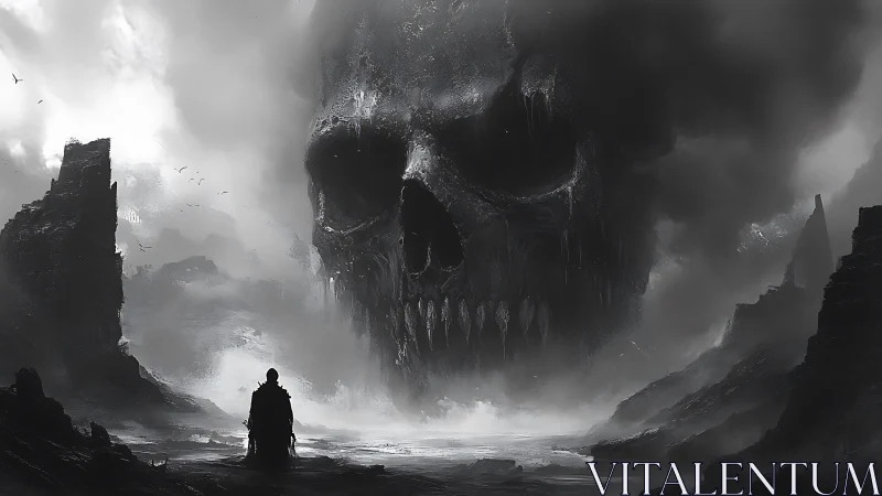 Monochrome fantasy landscape with colossal skull stormfront.