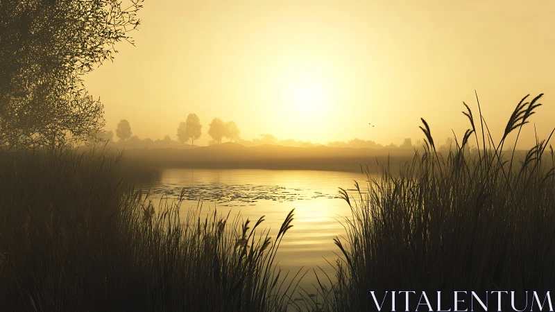 Golden lake sunrise across quiet reeds and distant trees.