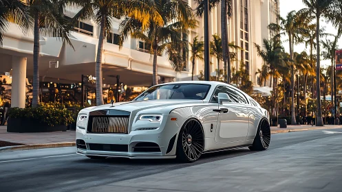 White coupe is parked on a palm-lined urban street at sunset