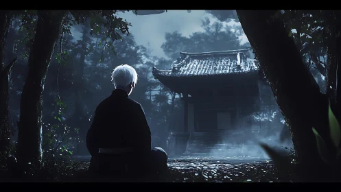 Solitary figure before misted shrine in moonlit forest scene.