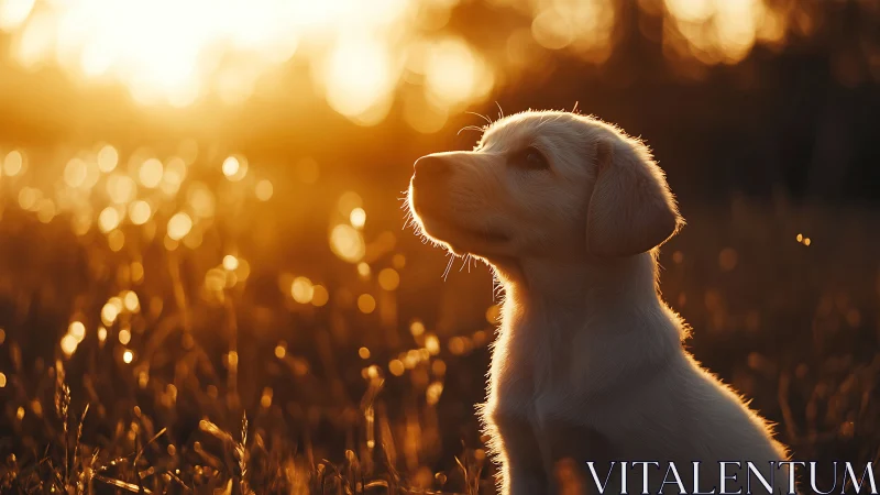 Young dog in backlit field during warm sunset light.