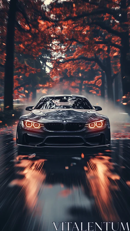 Sport coupe surges through stormy autumn avenue at speed