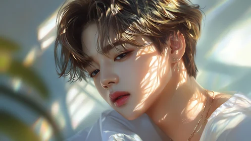 Soft portrait of youth in patterned window light.