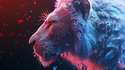 Bioluminescent lion profile in neon red and blue haze.