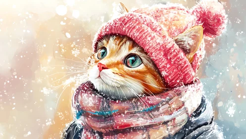 Cat wearing pink knit hat and winter scarf in snowy setting.