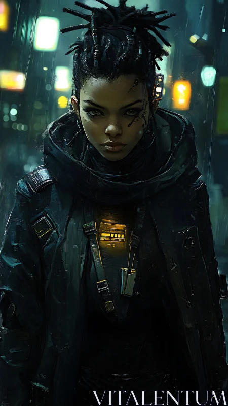 Lone cyberpunk wanderer glowing softly in neon rain.