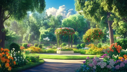 Sunlit formal garden surrounds central rose arbor in bloom