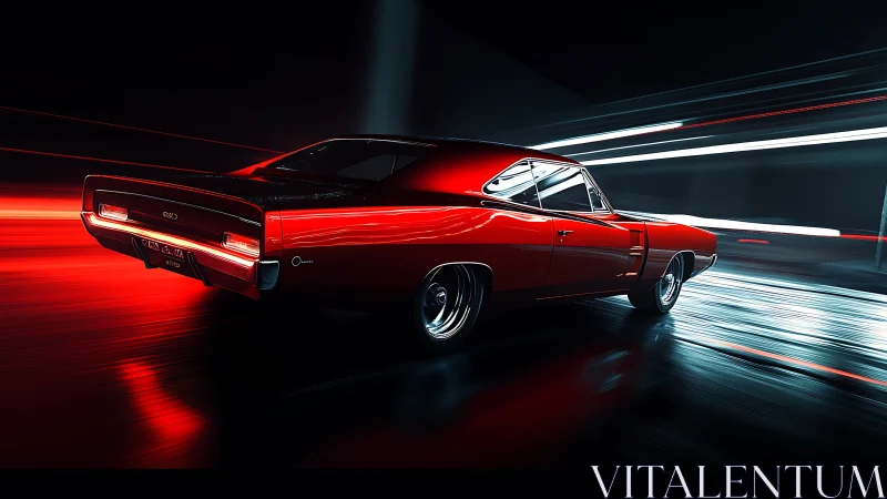 Photorealistic red muscle car in neon motion tunnel composition.