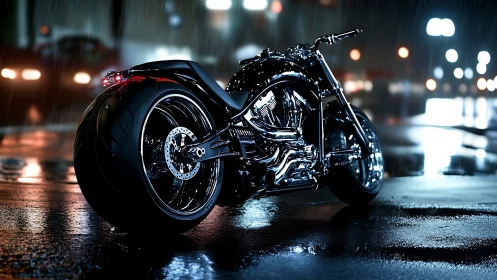 Custom chrome motorcycle gleams on a rainy neon city street.