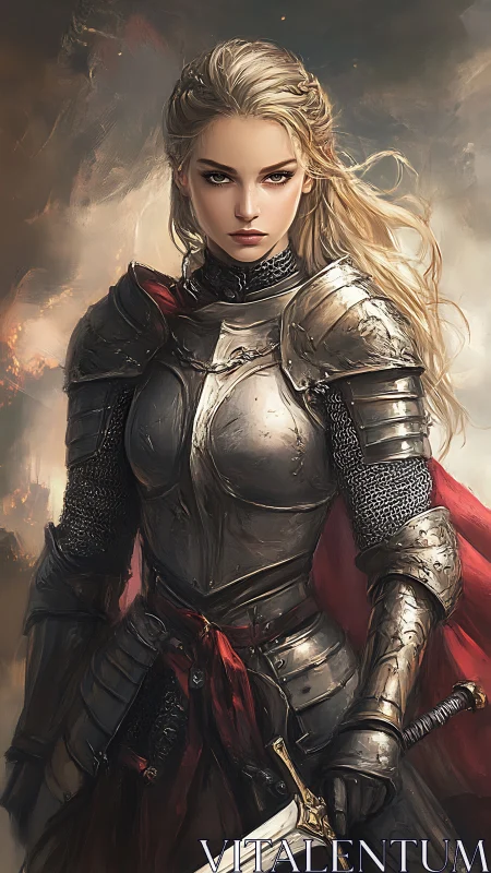 Fearless blonde knight standing strong in burnished armor.
