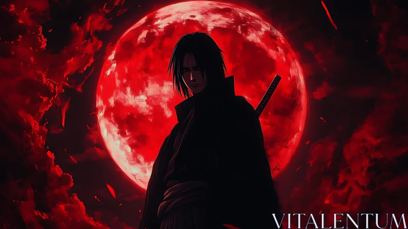 Dark swordsman stands before burning crimson moon sky