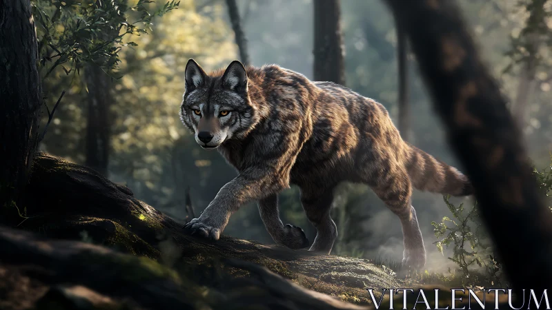 Predatory wolf advances through backlit forest with cinematic DOF