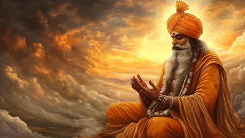 Mystic sage in golden meditation beneath radiant skies.