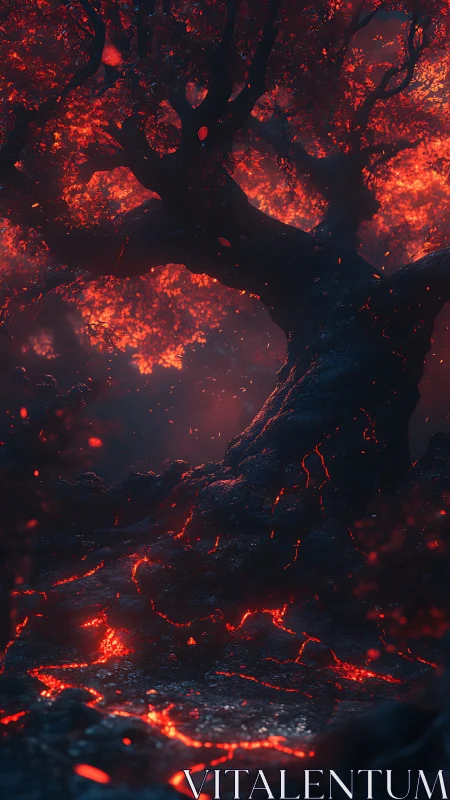 Molten Tree Blazes Against Darkness with Fiery Veins