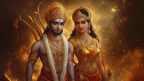 Divine warrior couple bathed in glowing golden radiance.