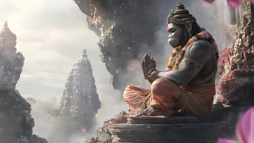 Praying humanoid monkey deity sits on cliffside temple ledge