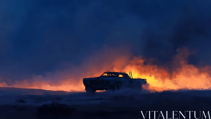 Burned-out pickup silhouette against blazing dusk horizon.