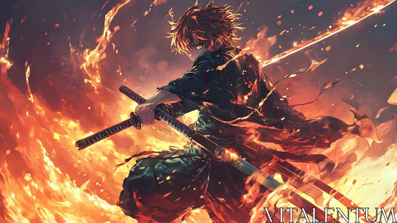 Flame-wreathed dual katana warrior in dynamic angular rotation.