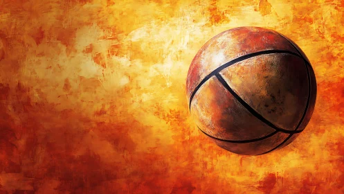 Textured basketball sphere floats over incandescent orange field