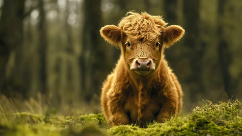 Fluffy Highland calf resting softly in a peaceful forest meadow.
