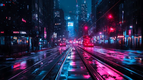 Neon streetcar tracks cut through electric midnight rain glow.
