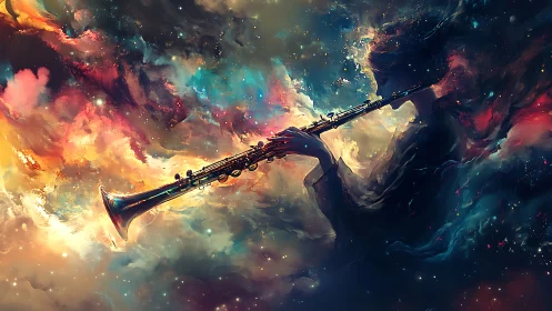 Nebula winds swirl as a cosmic flutist paints starlit sound