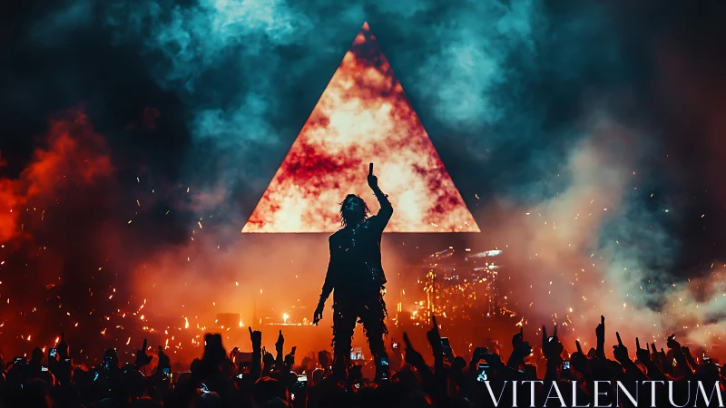Stage silhouette with fiery triangular LED concert backdrop.