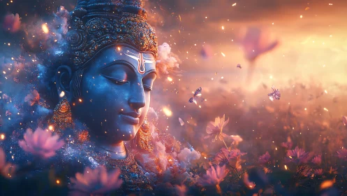 Celestial blue deity rendered in cosmic floral haze and ember-lit dusk