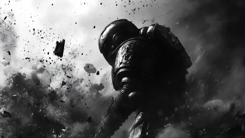 Armored warrior striding through swirling battle dust.