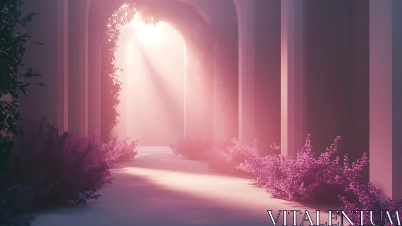 Volumetric sunrise through arched colonnade with lilac foliage