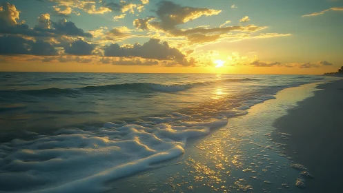 Sunlit shoreline shows shallow waves rolling onto wet sand