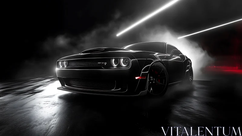 Midnight muscle car emerges through neon fog and shadowed light