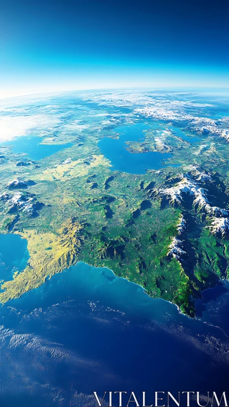 Satellite style view of European coastline and mountain range.
