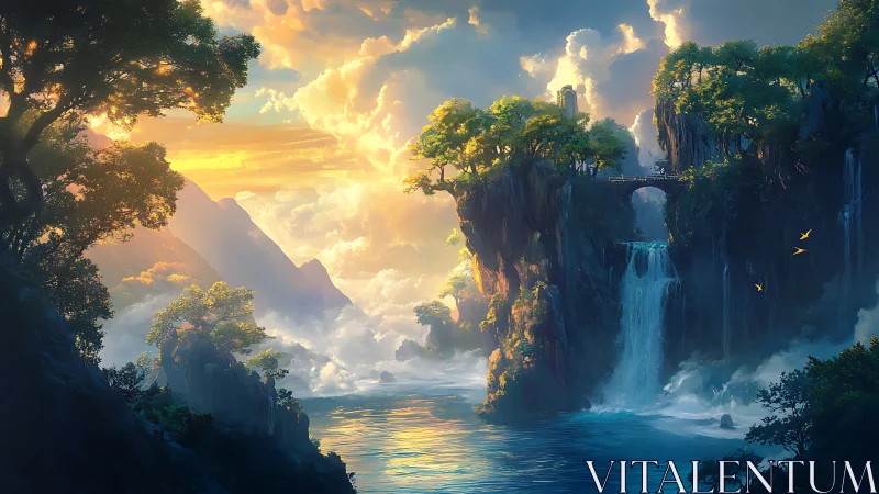 Sunlit cliffside sanctuary above cascading blue falls.