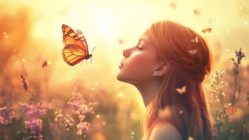 Girl in golden meadow gently meeting a glowing butterfly