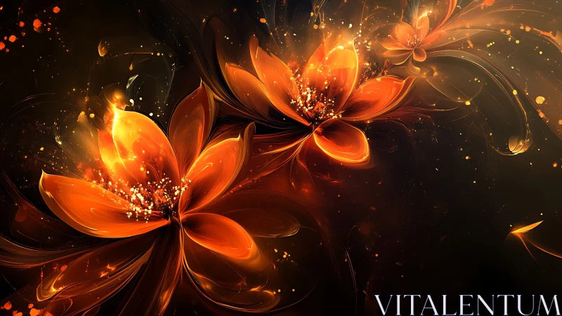 Glowing orange abstract flowers on dark digital background.
