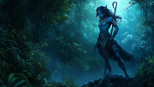 Bioluminescent jungle sentinel with staff in teal atmospheric haze.