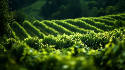 Green vineyard rows on rolling hills in soft evening light.
