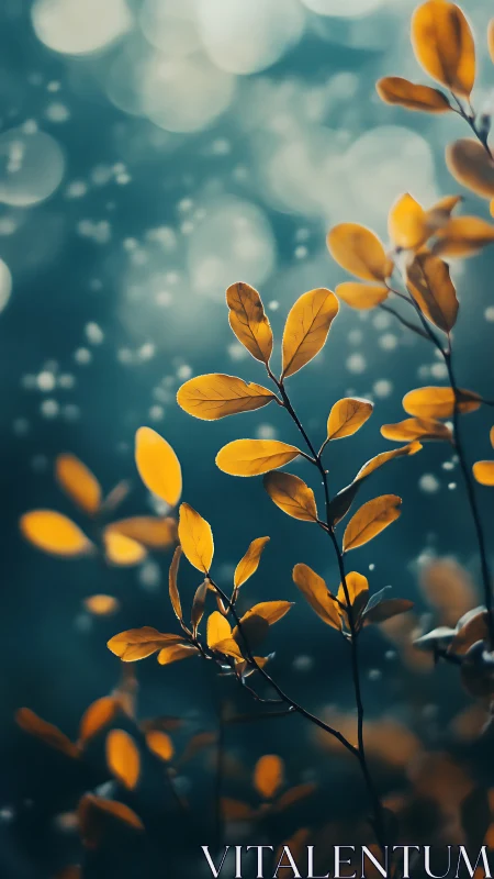 Golden autumn leaves glow softly against teal bokeh light.