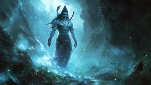 Divine blue warrior descending through ethereal luminous gorge.