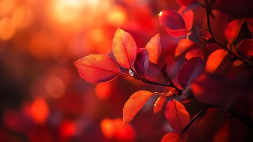 Red autumn leaves in warm sunset backlight close up.