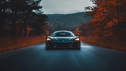 Low supercar front view on wet forest road in autumn light.