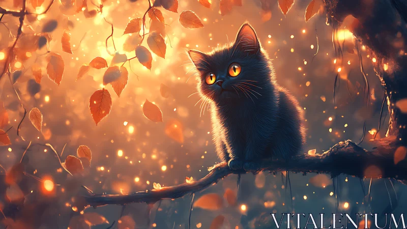 Black Cat with Glowing Eyes in Autumn Forest